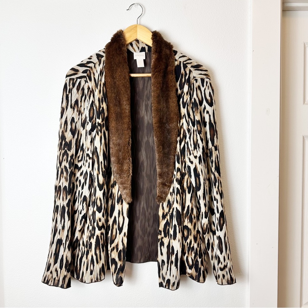 Chico’s Pleated Elegance Collar Jacket Faux Fur Animal Print sz L - Picture 3 of 8